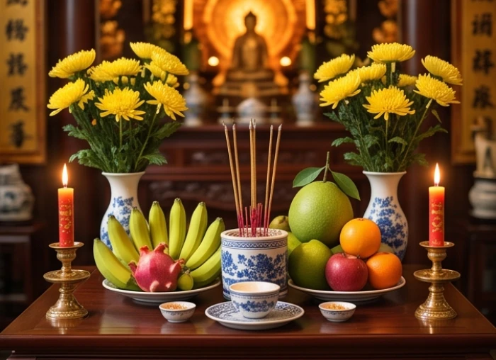 Mâm lễ vật được sắp xếp trang nghiêm với hoa tươi, quả ngọt và số lượng nến chuẩn bị cho nghi thức cúng giải hạn