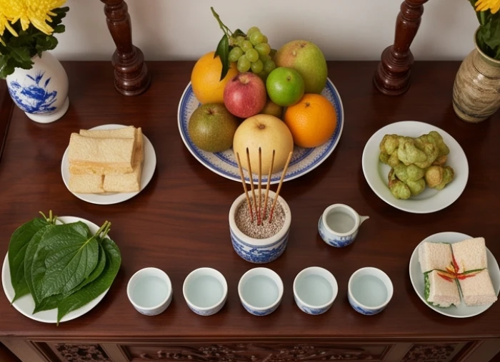 Mâm cúng sao giải hạn bày biện trang nghiêm với ngũ quả hương hoa rượu trắng và trầu cau tươi gọn gàng