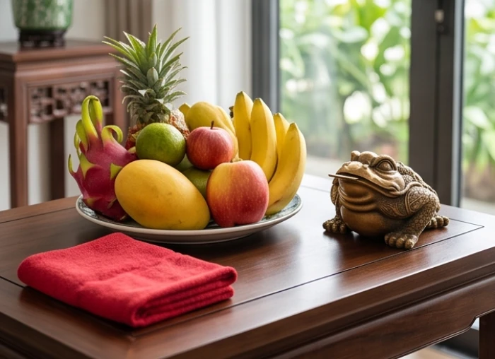 Mâm ngũ quả tươi và khăn đỏ sạch được chuẩn bị trang nghiêm cho nghi lễ tắm tượng thiềm thừ