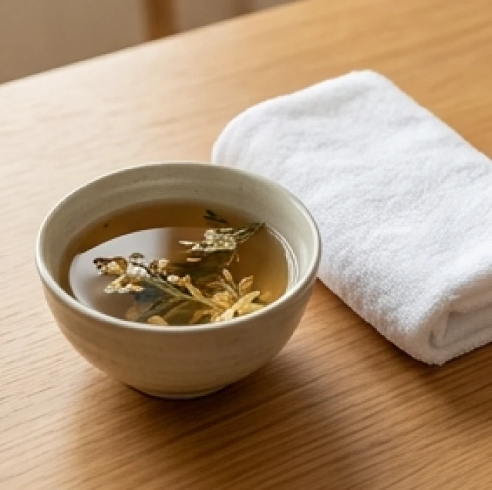 Bát sứ chứa nước đun thảo mộc ngũ vị hương cùng chiếc khăn cotton mới sạch sẽ chuẩn bị cho nghi thức tẩy uế tại nhà