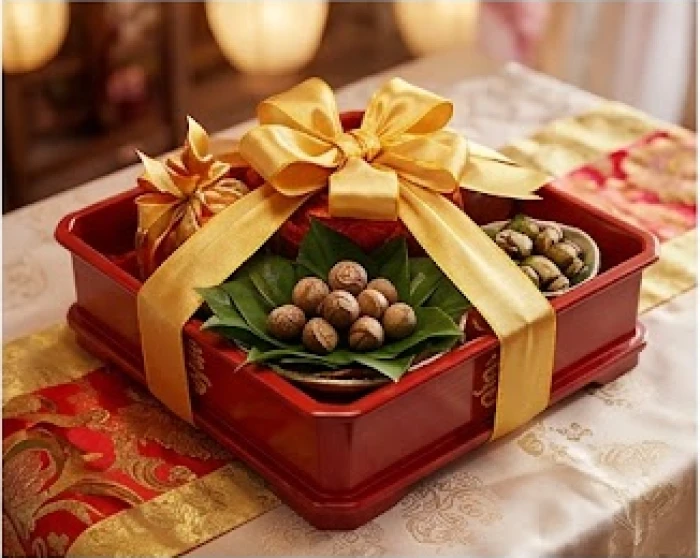 Mâm quả sính lễ truyền thống được trang trí tinh tế để chuẩn bị cho ngày trọng đại