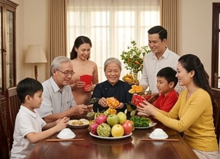Gia chủ 1958 quây quần vui vẻ cùng con cháu chuẩn bị mâm ngũ quả đón tết tháng 11 âm lịch