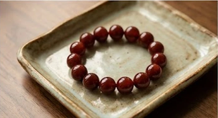 Chuỗi vòng tay làm từ những hạt đá mã não đỏ sậm bóng bẩy được đặt trên khay gốm sứ thủ công