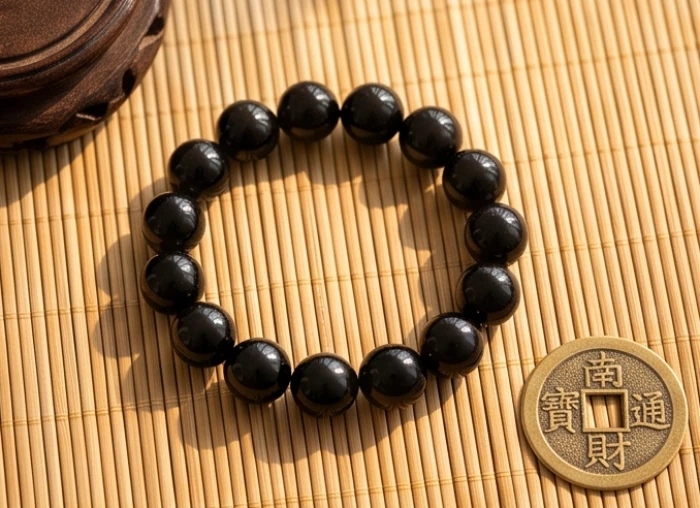 Chuỗi vòng tay tỳ hưu đá Obsidian đen xen kẽ 17 hạt tròn đều đặt bên cạnh đồng tiền xu cổ ngũ đế