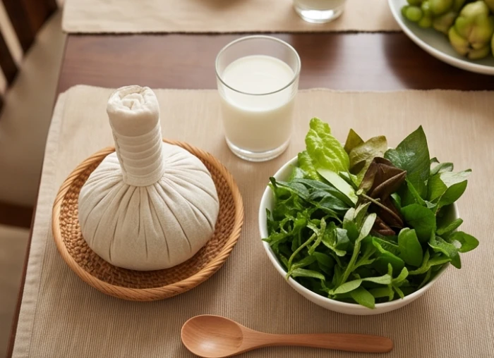 Túi thảo dược chườm ấm ngải cứu rang muối cùng ly sữa tươi và đĩa cá nhỏ trên bàn ăn chăm sóc khớp gối
