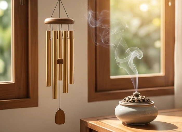 Chuông gió đồng 6 ống rỗng treo tại khu vực di dời linh vật kỵ tuổi giúp cân bằng và ổn định sinh khí