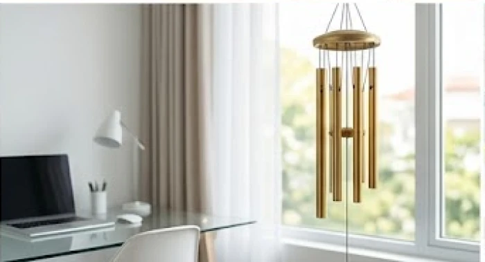 Chuông gió sáu ống bằng đồng nguyên chất được treo tinh tế bên cửa sổ phòng làm việc đón gió