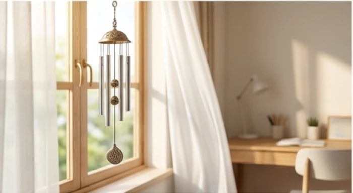 Chuông gió kim loại nhỏ treo bên khung cửa sổ ngập tràn ánh nắng cạnh khu vực học tập của trẻ