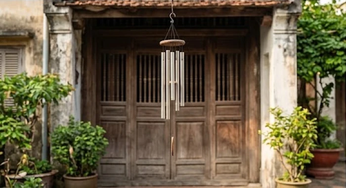 Chiếc chuông gió bằng kim loại gồm 6 ống được treo ngay ngắn trước cửa chính để hóa giải sát khí