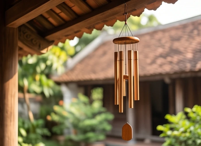 Chiếc chuông gió kim loại sáu ống treo trước hiên nhà gỗ truyền thống đang đung đưa trong gió
