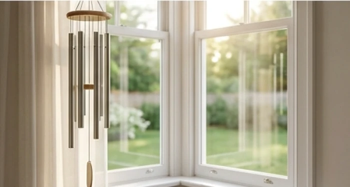 Chiếc chuông gió gồm sáu ống bằng kim loại sáng bóng được treo duyên dáng ngay bậu cửa sổ phòng ngủ của trẻ