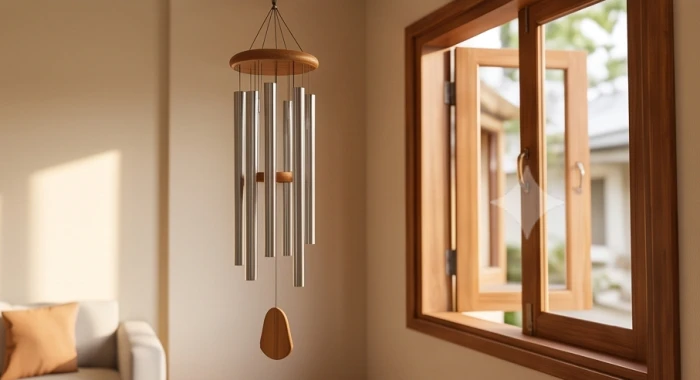 Chuông gió bằng ống kim loại sáng bóng treo bên khung cửa sổ phòng sinh hoạt chung ngập ánh sáng