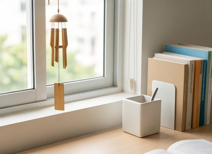 Chuông gió bằng tre nhỏ treo cạnh cửa sổ và vật phẩm gốm sứ hình vuông đặt trên mép bàn học