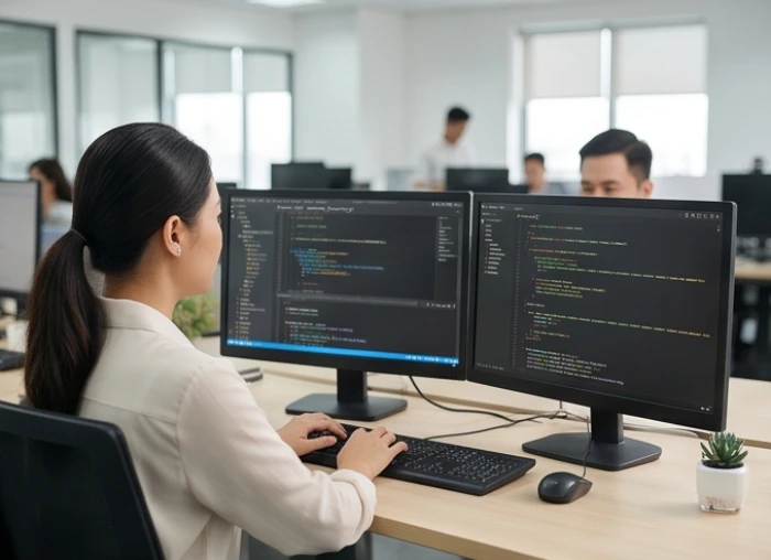 Chuyên gia kỹ thuật kiểm tra cẩn trọng từng dòng mã code trên màn hình nhằm đảm bảo chất lượng phần mềm hoàn hảo