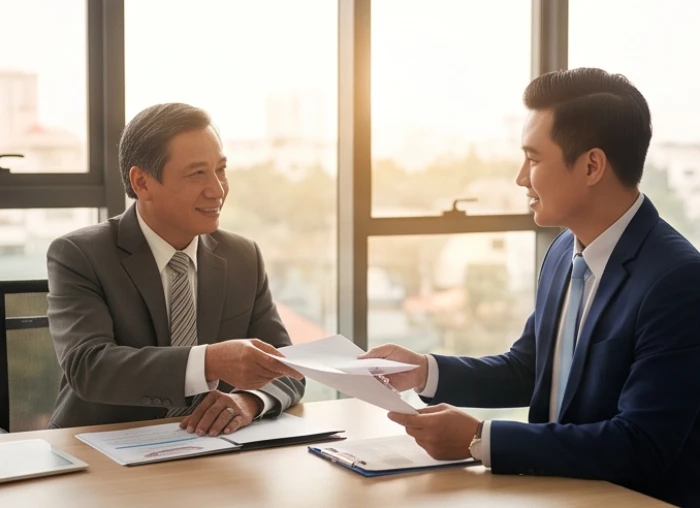 Doanh nhân kỳ cựu trao đổi văn bản chuyển giao quyền điều hành cho người kế nhiệm trẻ tuổi tại bàn làm việc