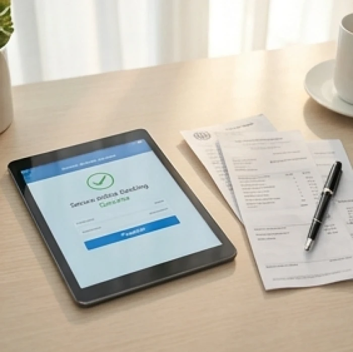 Hóa đơn thanh toán và màn hình xác nhận giao dịch chuyển khoản trên máy tính bảng giúp quản lý minh bạch tài chính