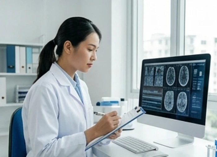 Dược sĩ lâm sàng trẻ đang cẩn trọng kiểm tra các chỉ số y khoa tại phòng nghiên cứu hiện đại