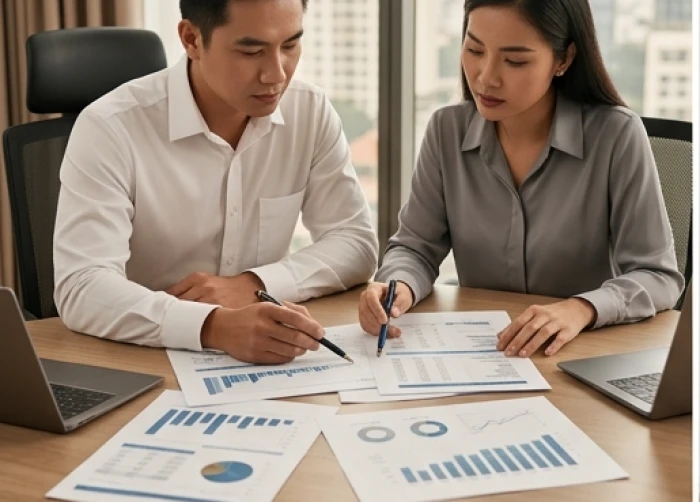 Hai đồng nghiệp tranh luận nghiêm túc về bảng chi phí rủi ro và chiến lược kinh doanh