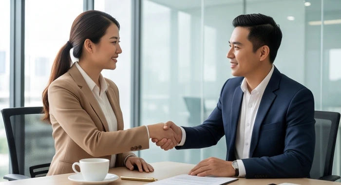 Cuộc gặp gỡ đàm phán hợp đồng kinh doanh tích cực giữa các đối tác trong văn phòng sáng sủa