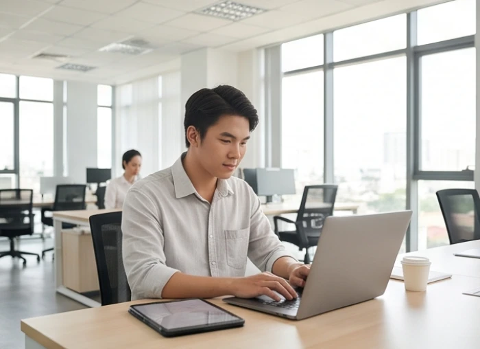 Nhân sự trẻ làm việc linh hoạt với các thiết bị số hiện đại trong không gian văn phòng sáng tạo mở