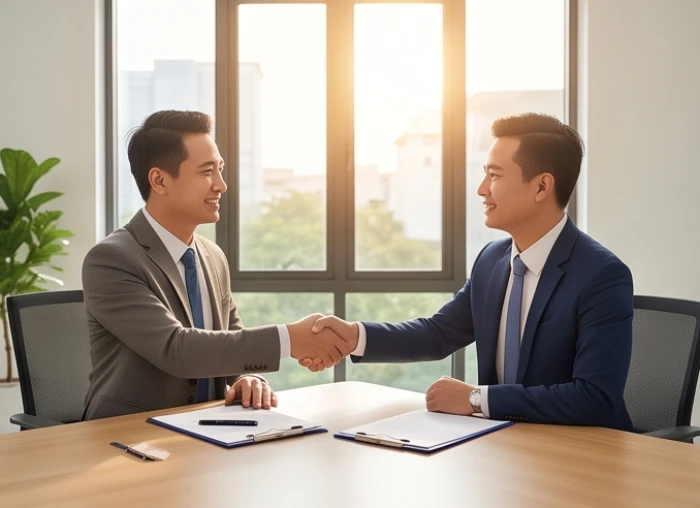 Doanh nhân nam thảo luận công việc và ký kết hợp đồng thuận lợi trong năm được sao Mộc Đức chiếu