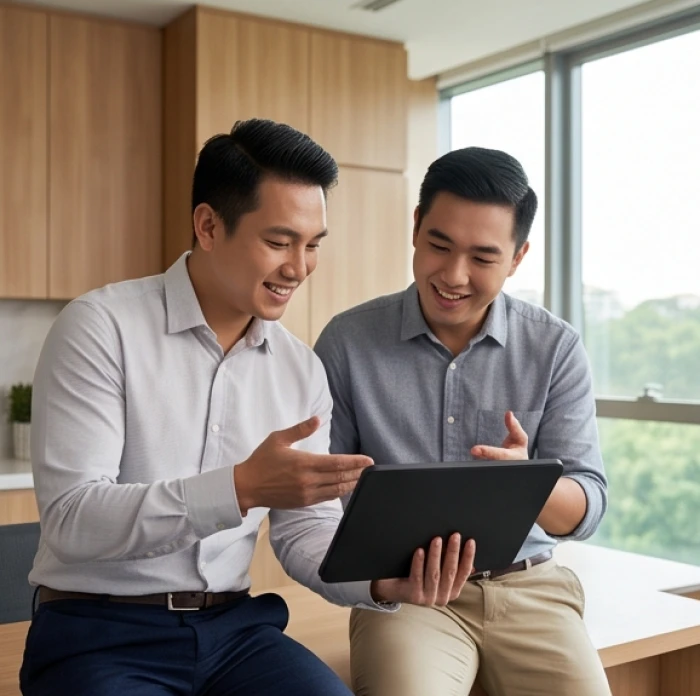 Cuộc họp trao đổi dự án mới giữa nhân sự nam và cấp trên tại không gian văn phòng mở