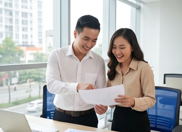 Người lao động trẻ tuổi đinh sửu thảo luận kế hoạch dự án kinh doanh mới cùng đồng nghiệp trong văn phòng hiện đại