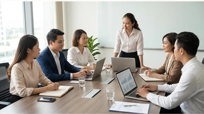 Buổi thảo luận công việc nhóm cởi mở tại văn phòng hiện đại thể hiện tinh thần hợp tác và phân quyền hiệu quả