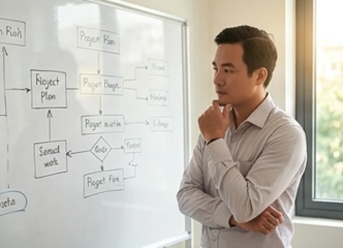 Một nhân viên đang đăm chiêu suy nghĩ trước bảng kế hoạch dự án mới thể hiện sự giằng xé nội tâm lớn