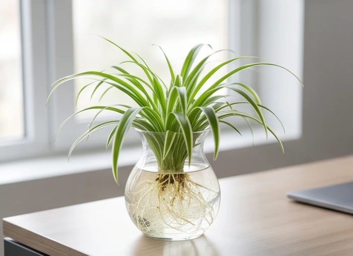 Một bình thủy tinh trong suốt trồng cây cỏ lan chi vươn những chiếc lá thuôn dài mềm mại dọc theo dải màu trắng
