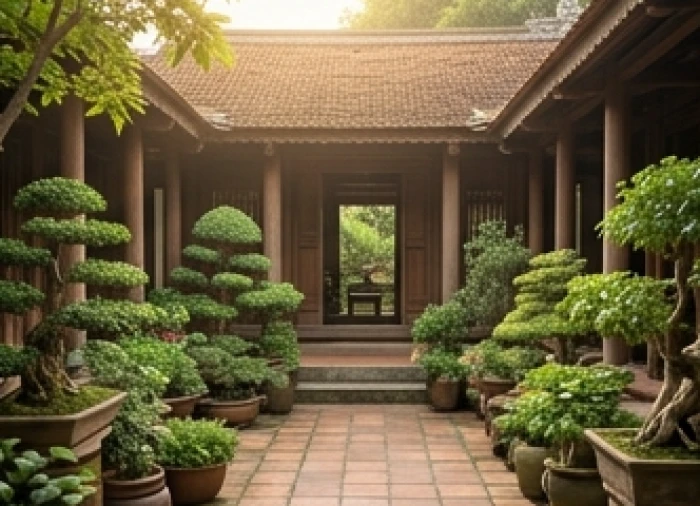 Ngôi nhà khang trang với sân vườn xanh mát bên hiên trà thể hiện cuộc sống an nhàn và vững chắc của nam Tân Sửu tuổi ngoài 60