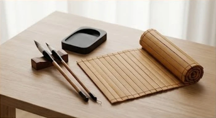 Bộ dụng cụ bút lông mực tàu và cuộn thư tịch cổ đại diện cho nhóm trí tuệ của 14 chính tinh trong tử vi