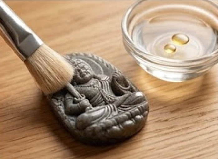Chiếc cọ lông mềm đầu nhỏ nhẹ nhàng làm sạch các kẽ chạm khắc sâu trên diện mặt tượng Phật Bất Động Minh Vương
