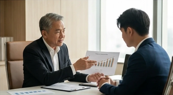 Doanh nhân trung niên giàu kinh nghiệm đang tư vấn chiến lược cho nhà quản lý trẻ tại phòng họp tập đoàn