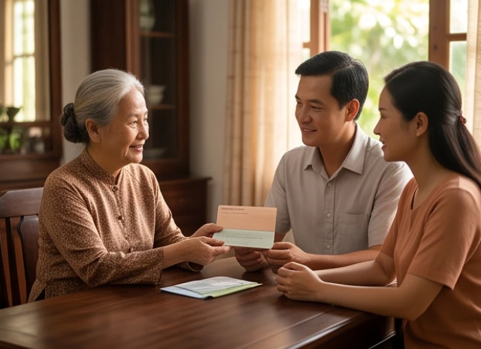 Người bà phúc hậu đang trao cuốn sổ tiết kiệm cho con cháu trong không gian phòng khách đầm ấm
