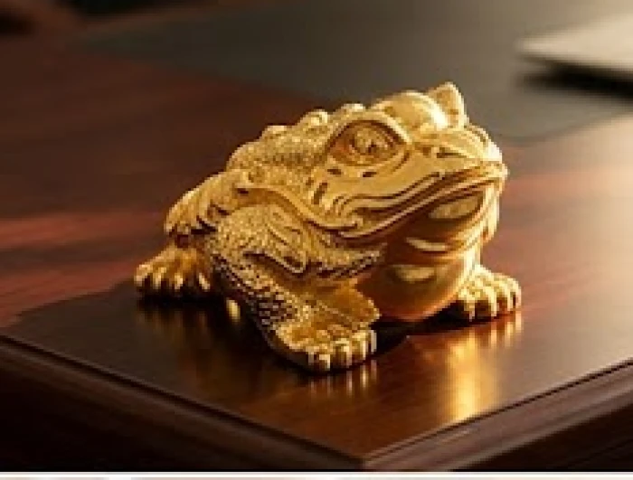 Tượng cóc ba chân ngậm tiền bằng đồng đúc nguyên khối mạ vàng 24k sáng bóng trên bàn làm việc