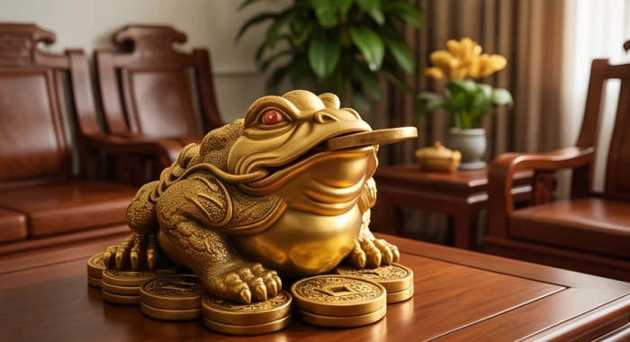 Tượng Thiềm Thừ bằng đồng mạ vàng đặt trang trọng tại góc chéo cửa chính
