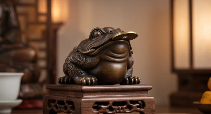 Tượng cóc thiềm thừ ba chân ngậm tiền cổ bằng đá tự nhiên đặt chéo góc trên bàn thờ Thần Tài