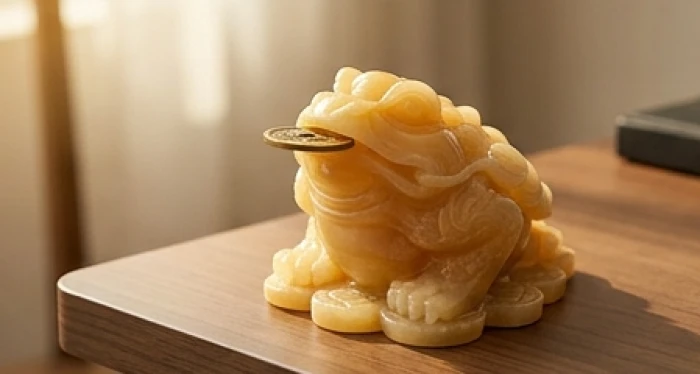 Tượng cóc ba chân Thiềm Thừ bằng ngọc hoàng long vàng rực rỡ ngậm đồng tiền xu may mắn
