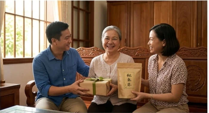 Con cháu hiếu thảo biếu tặng món quà ý nghĩa cho gia chủ Tân Mão 1951 trong không gian phòng khách ấm áp xuân về