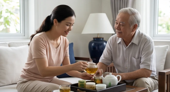 Con cháu thuộc nhóm tuổi tương sinh Giáp Tý và Canh Thân chu đáo chuẩn bị trà thảo mộc cho người sinh năm 1952