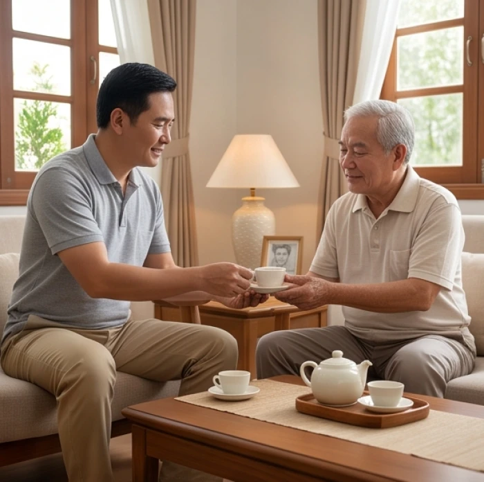 Người con trai trưởng thành ân cần pha trà mời người cha lớn tuổi trong không gian gia đình ấm cúng