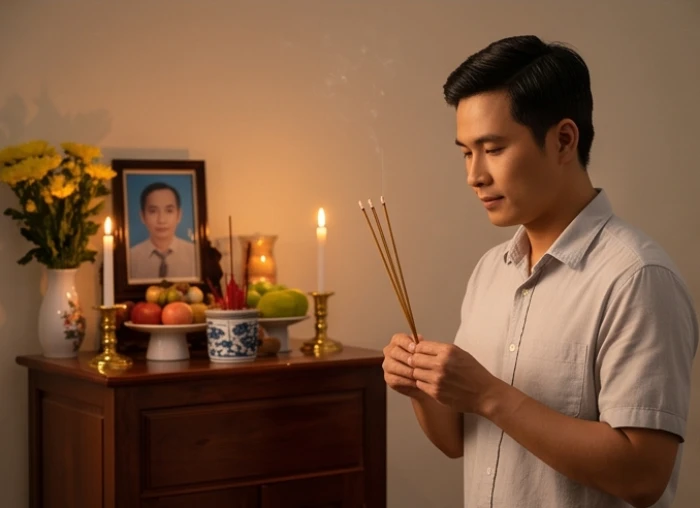 Con cháu thành tâm thắp nén nhang trước hương án nhỏ thay cho ông bà đang mệt mỏi cần tĩnh dưỡng nghỉ ngơi
