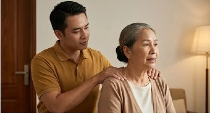 Người con trai ân cần xoa bóp vai và nhẹ nhàng lắng nghe tâm sự của người mẹ lớn tuổi