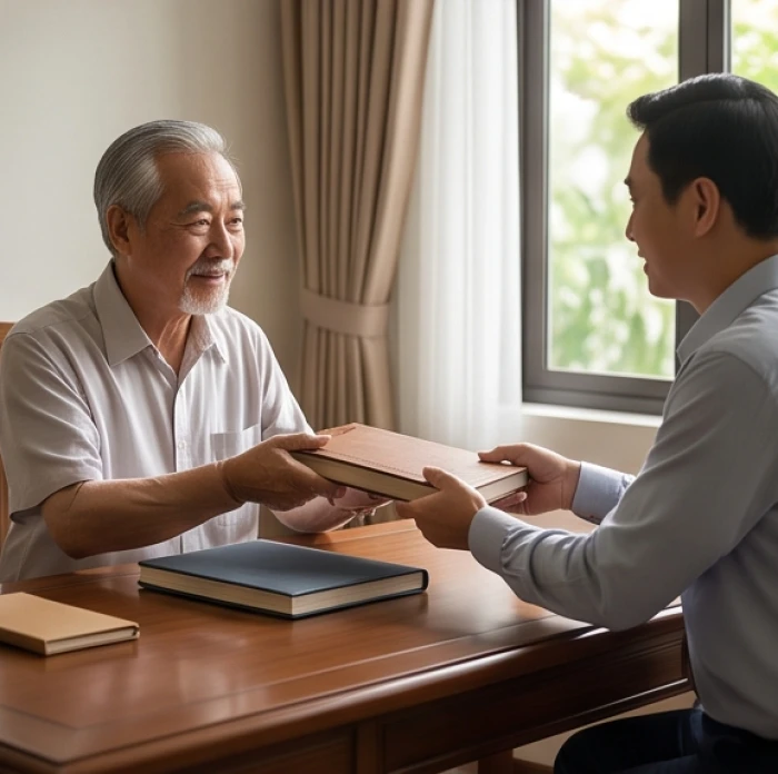 Người cha cao tuổi bàn giao sổ sách sản nghiệp cho người con trai trưởng thành trong phòng làm việc