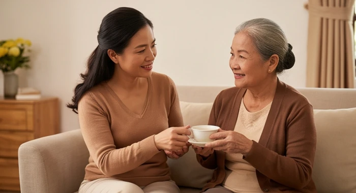 Con gái ngồi uống trà và kiên nhẫn lắng nghe cụ bà chia sẻ tâm sự trong phòng khách gia đình
