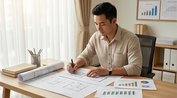 Doanh nhân tuổi mão đang tập trung lập kế hoạch chiến lược và phân tích tài chính trong văn phòng làm việc hiện đại