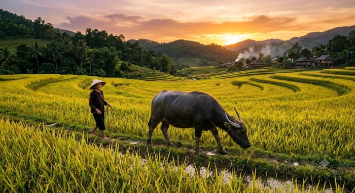 Cánh đồng lúa chín vàng ươm bên cạnh hình ảnh chú trâu nước thong thả gặm cỏ dưới ánh hoàng hôn ấm áp