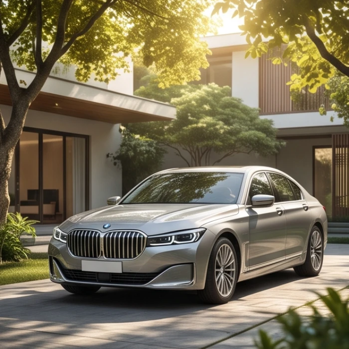 Chiếc xe sedan hạng sang màu metallic bạc đỗ ngay ngắn dưới bóng cây xanh mát trong sân nhà yên tĩnh
