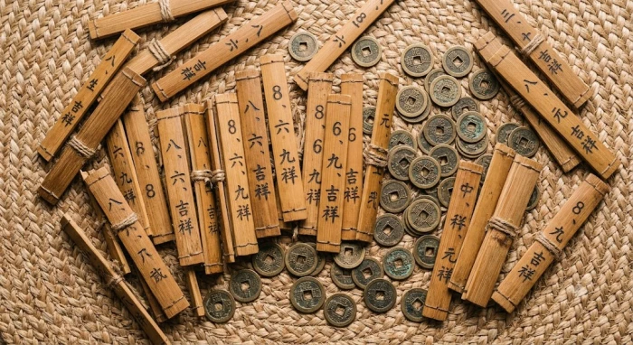 Những đồng tiền xu cổ và thẻ tre khắc các con số tài lộc mang năng lượng hỏa và mộc